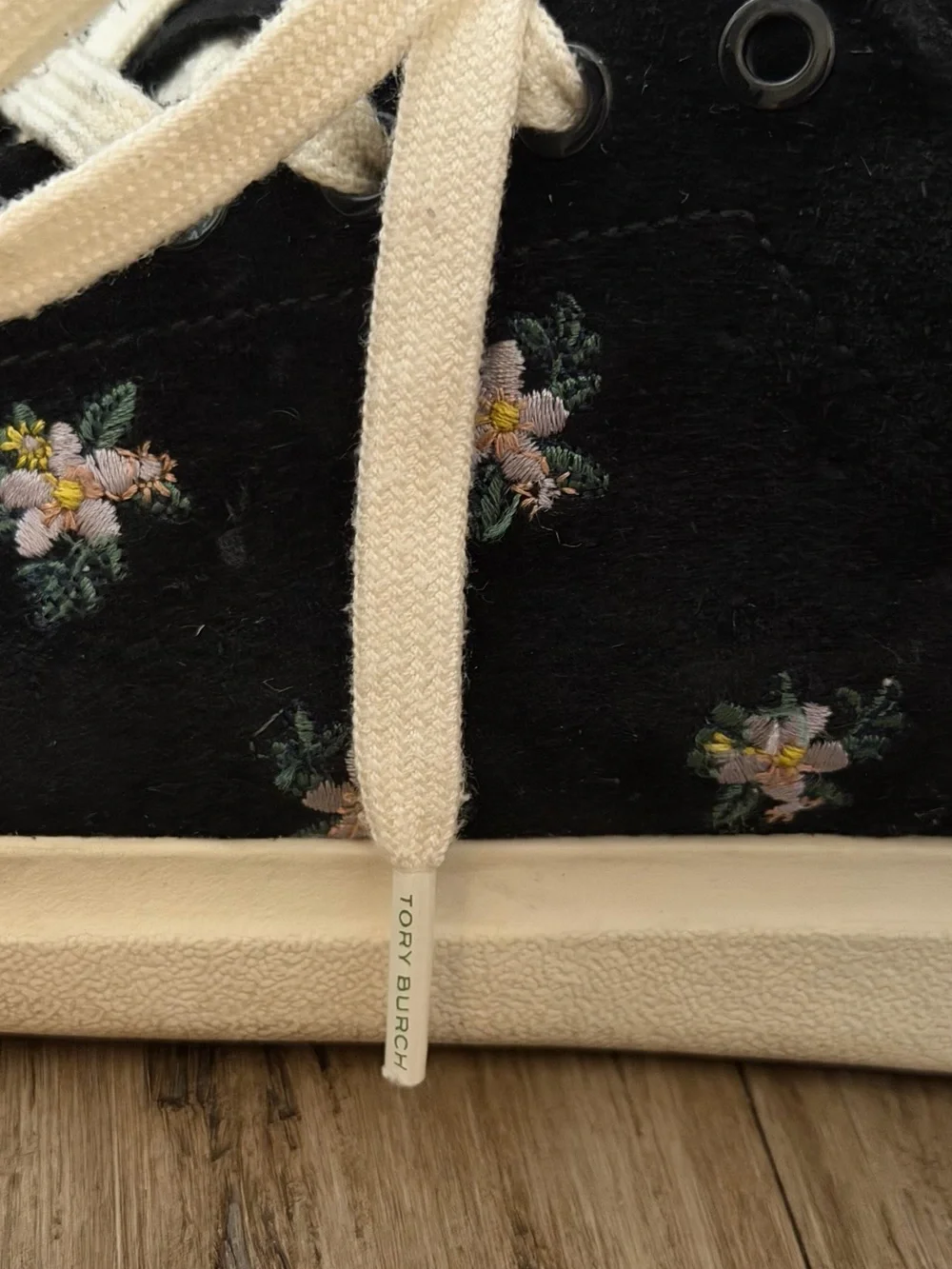 Tory Burch Black Suede Floral Embroidered Sneakers with Cream Laces